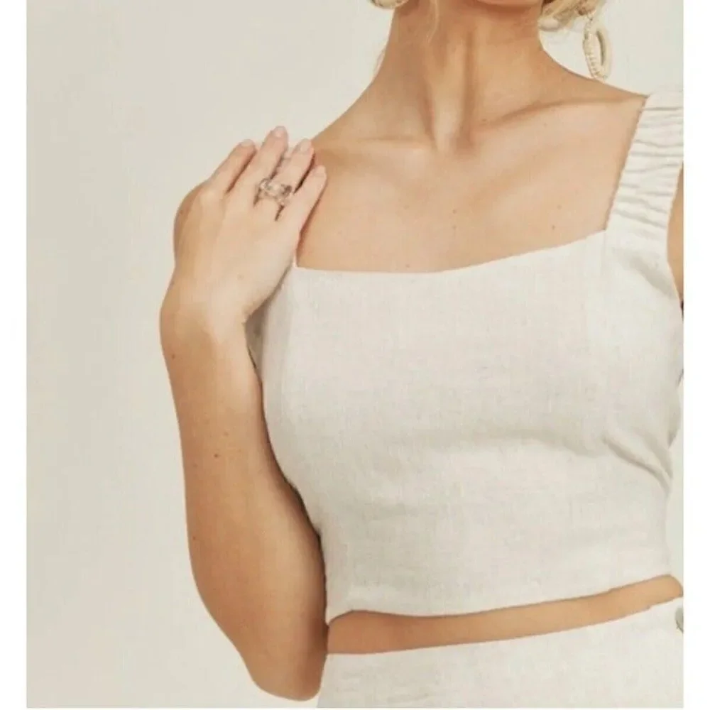 Lush Womens Open Back Linen Beige Cropped Tank Top Blouse NWT Size Large